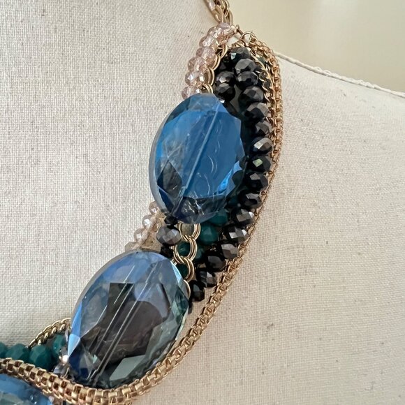 Jessica Simpson Blue Gold Chunky Multi Strands Glass Beads Statement Necklace - Picture 6 of 6